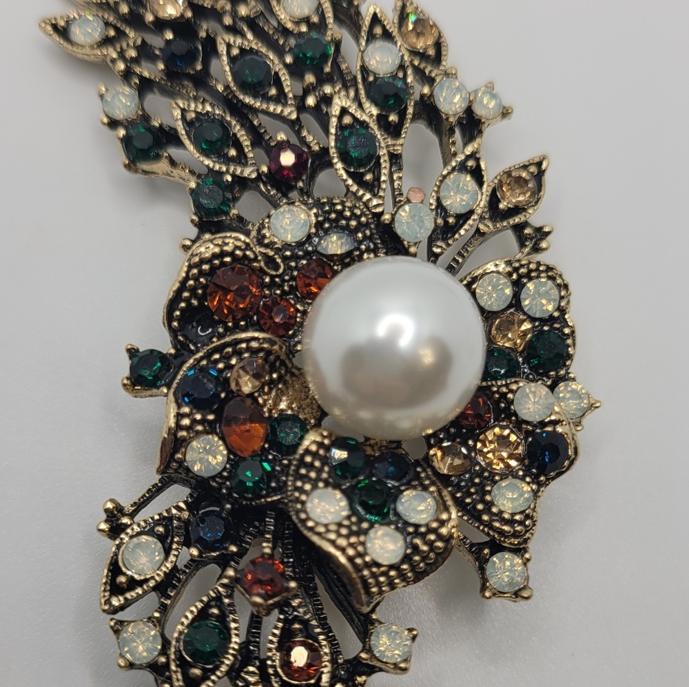 Antique Cz  gold color multi colour stone work flower Brooch pin 6cm long 3cm wi